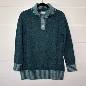 Columbia green cotton blend sweater ribbed hem and cuffs 1/4 button closure sz M
